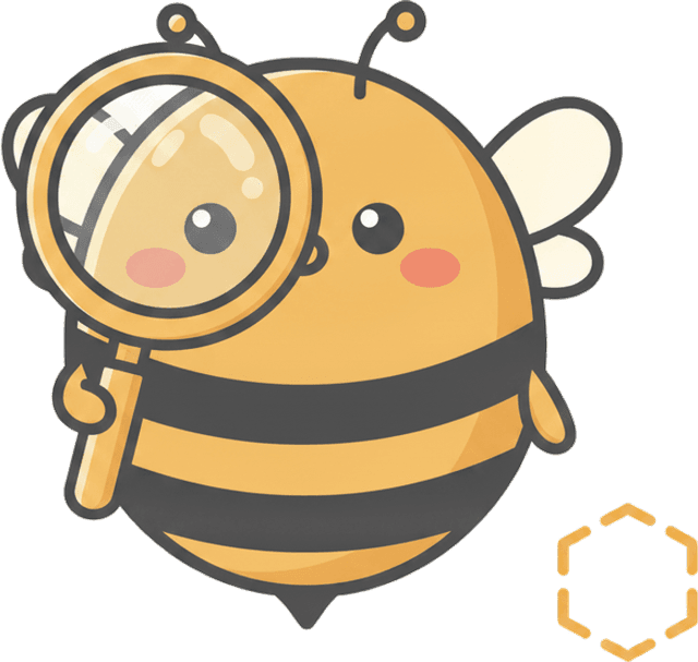 The Thrivin Hive bee, holding a magnifying glass